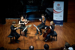 Joseph Maiwald, Ayumi-Sophie Jung (Violine), Severin Marks (Viola) und Clara Roesner (Viloncello) beim Sonderpreistraegerkonzert im Beethoven-Haus Bonn. Foto: Heike Fischer