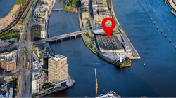 Luftbild HafenCity mit Standort Pin, Foto: Martin Elsen